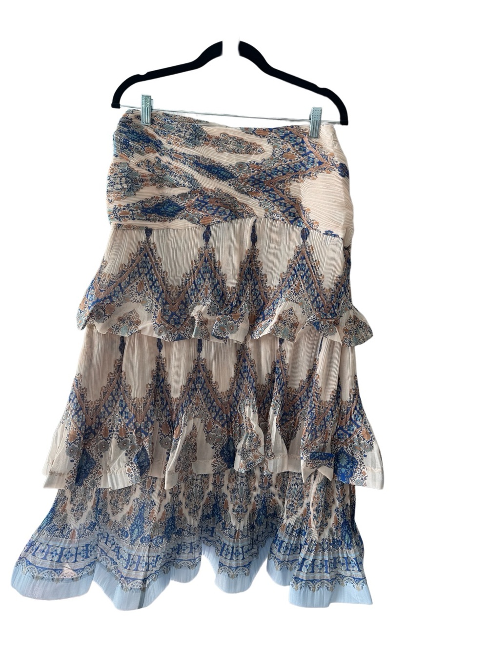 Designer Luxury Cream and Blue Paisley Tiered Maxi Skirt